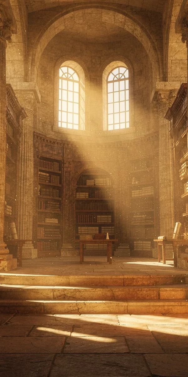 Sunlit aisles of an ancient library with tall shelves and arched windows