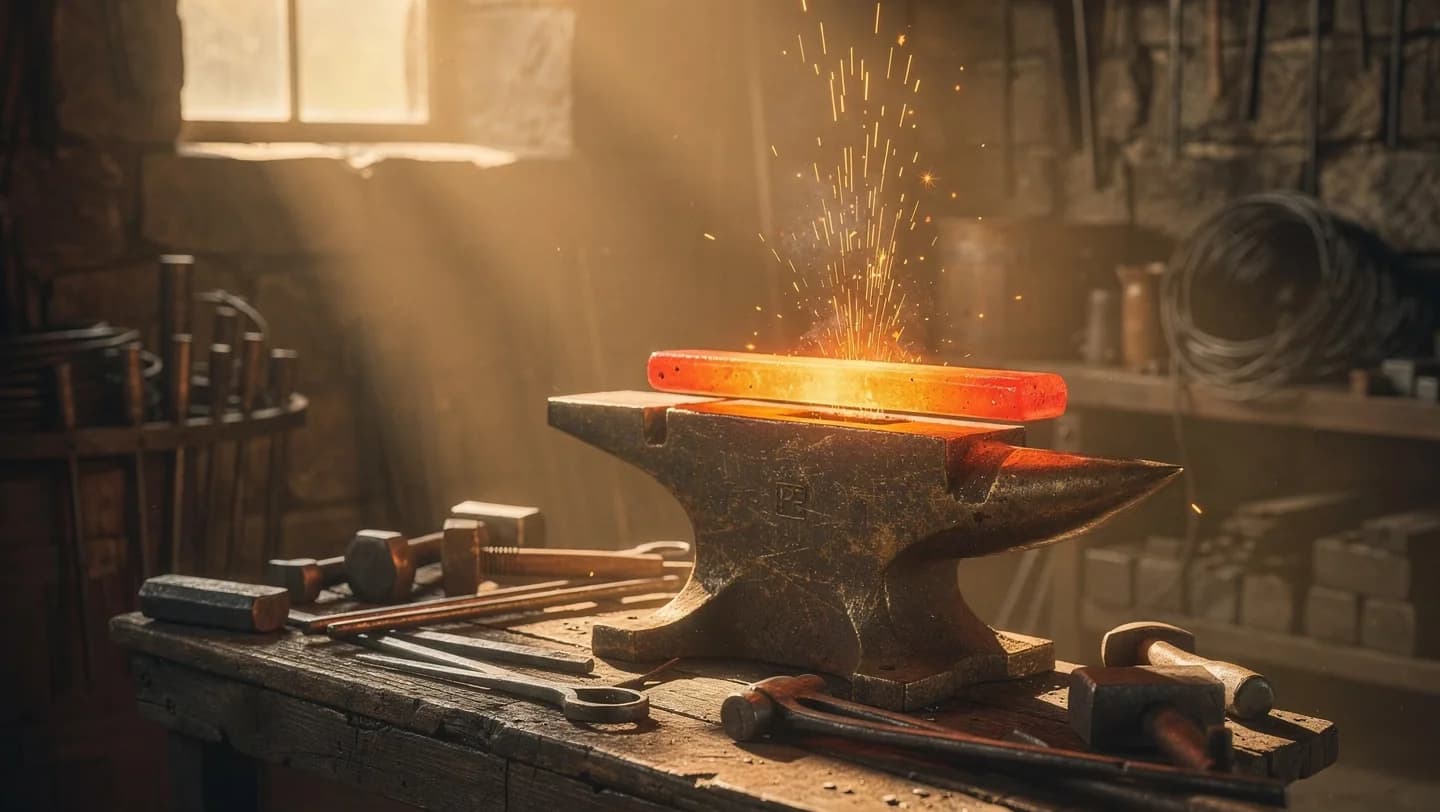 Ancient forge with glowing steel on the anvil and flying sparks