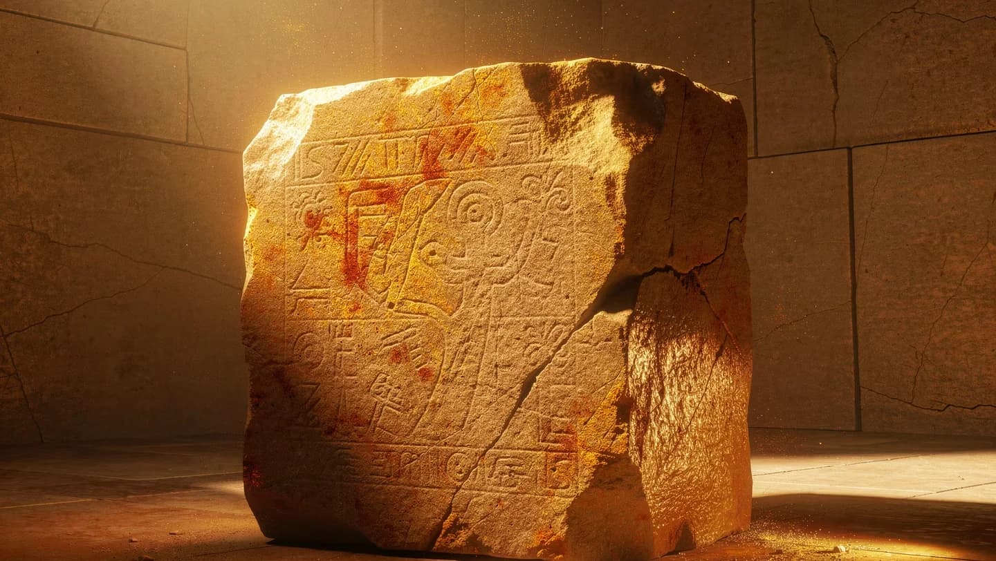 Carved ancient stone monolith illuminated in a dark chamber